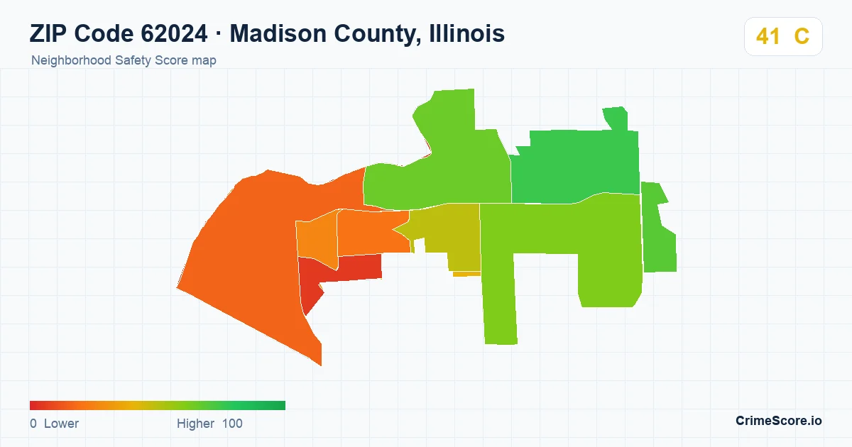 ZIP Code 62024 in Madison County, Illinois neighborhood Safety Score map