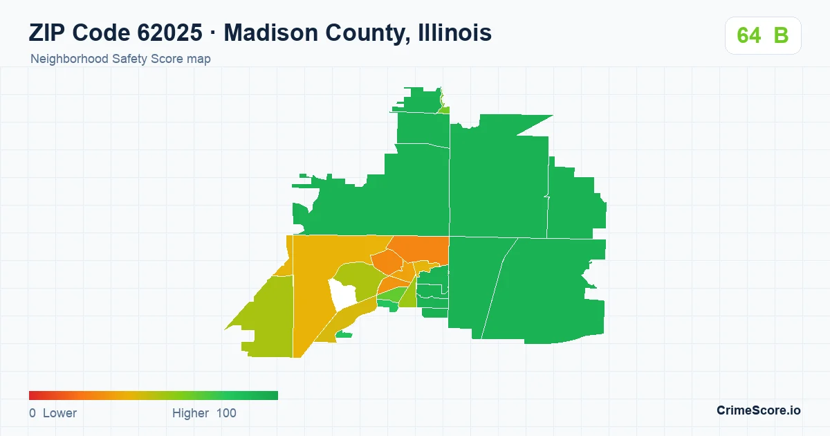ZIP Code 62025 in Madison County, Illinois neighborhood Safety Score map
