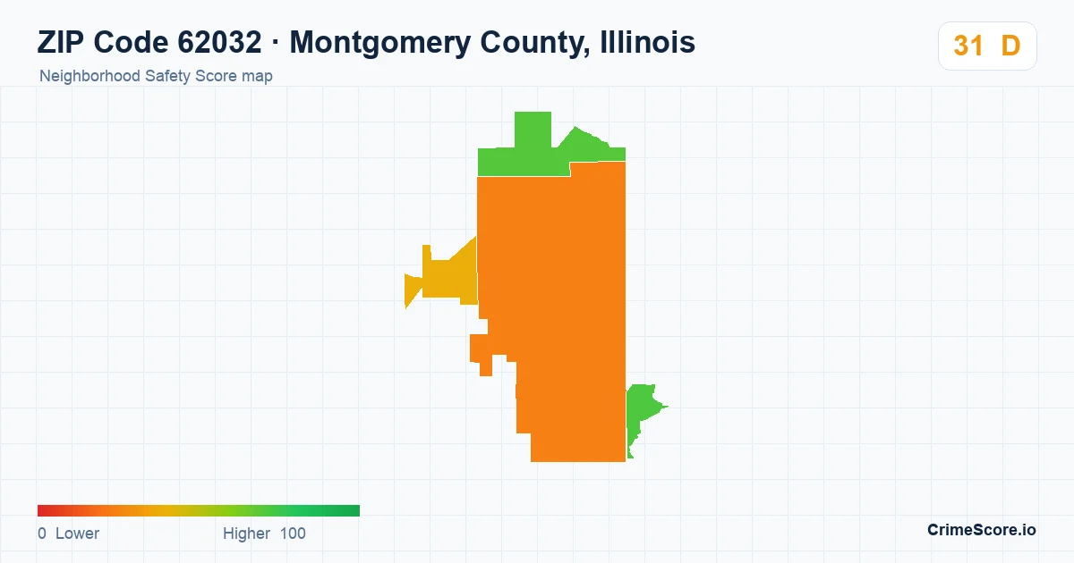 ZIP Code 62032 in Montgomery County, Illinois neighborhood Safety Score map