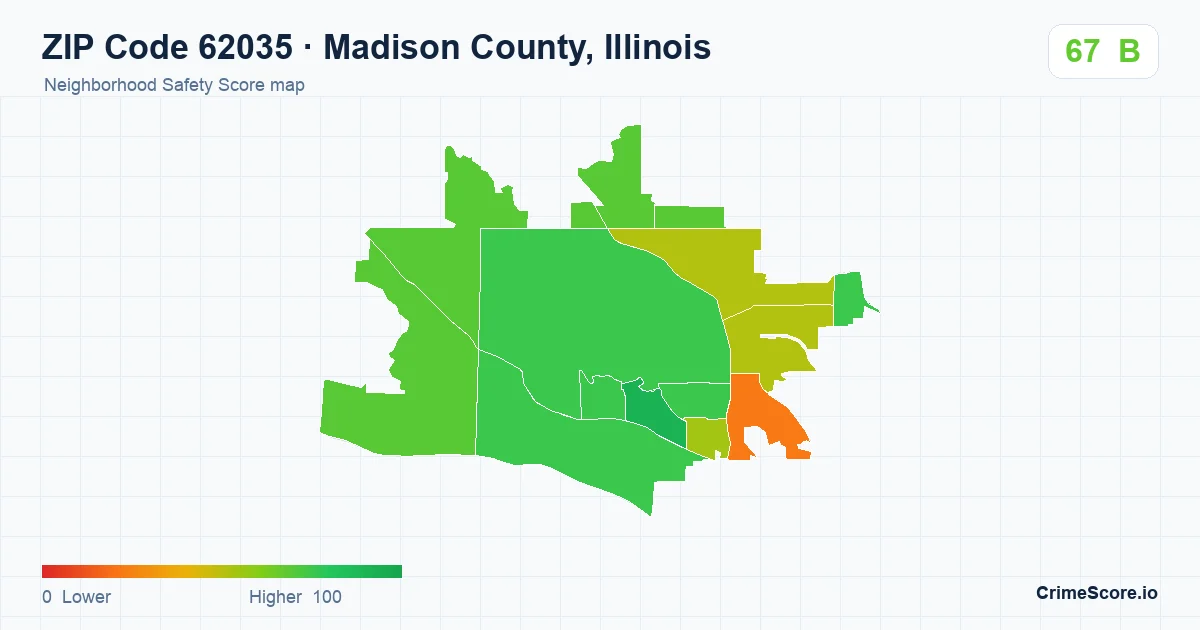 ZIP Code 62035 in Madison County, Illinois neighborhood Safety Score map