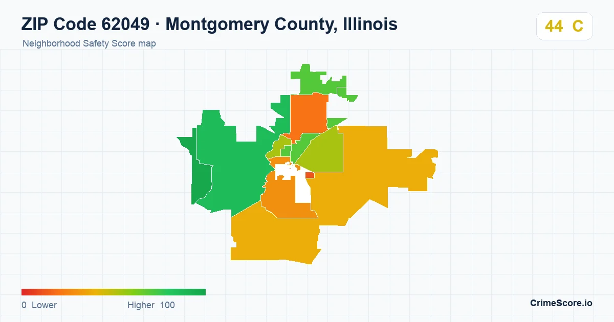 ZIP Code 62049 in Montgomery County, Illinois neighborhood Safety Score map