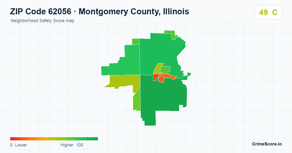 ZIP Code 62056 in Montgomery County, Illinois neighborhood Safety Score map