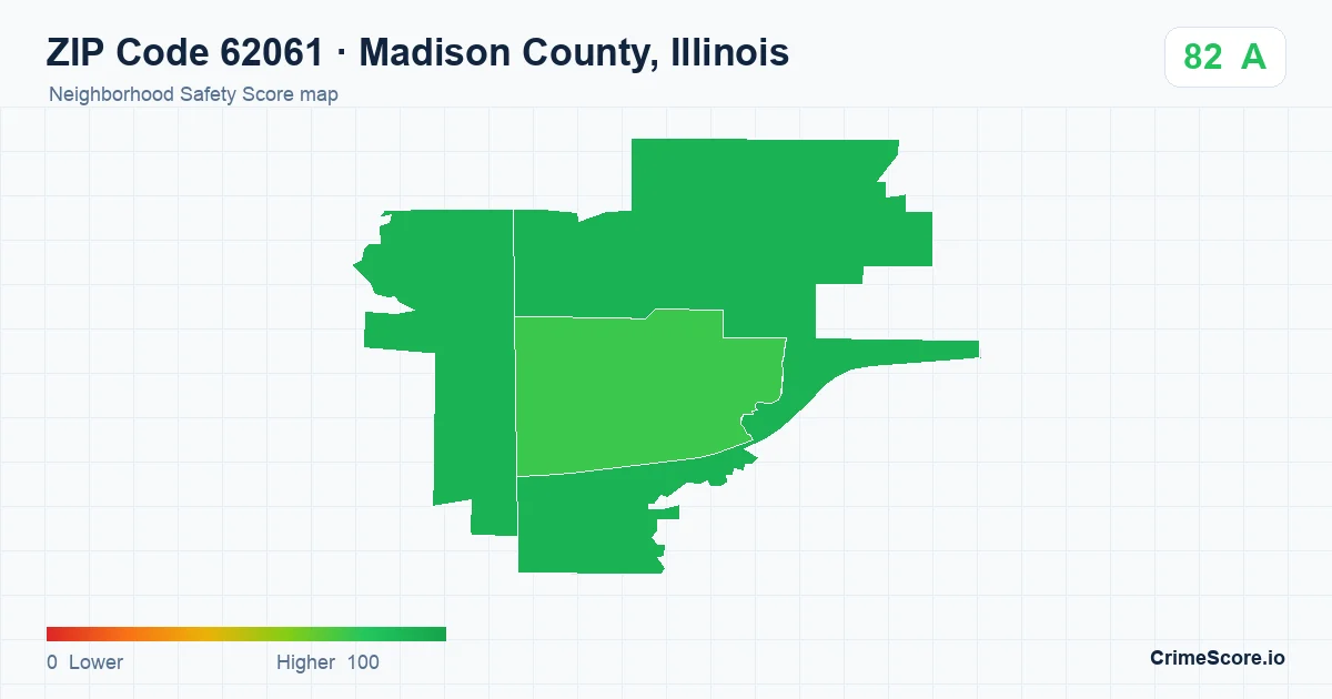 ZIP Code 62061 in Madison County, Illinois neighborhood Safety Score map