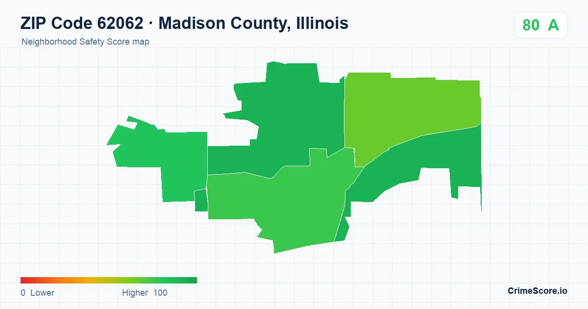 ZIP Code 62062 in Madison County, Illinois neighborhood Safety Score map