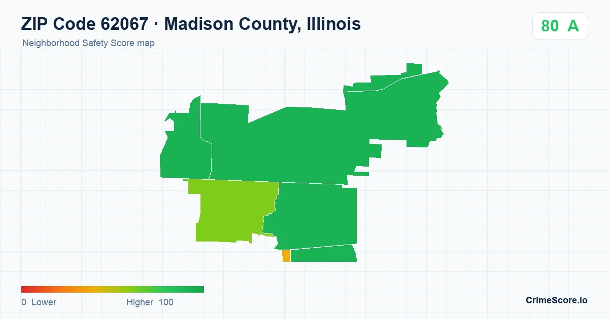 ZIP Code 62067 in Madison County, Illinois neighborhood Safety Score map