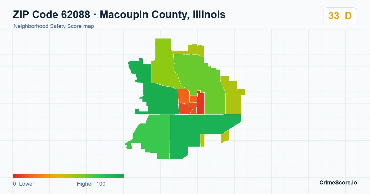 ZIP Code 62088 in Macoupin County, Illinois neighborhood Safety Score map