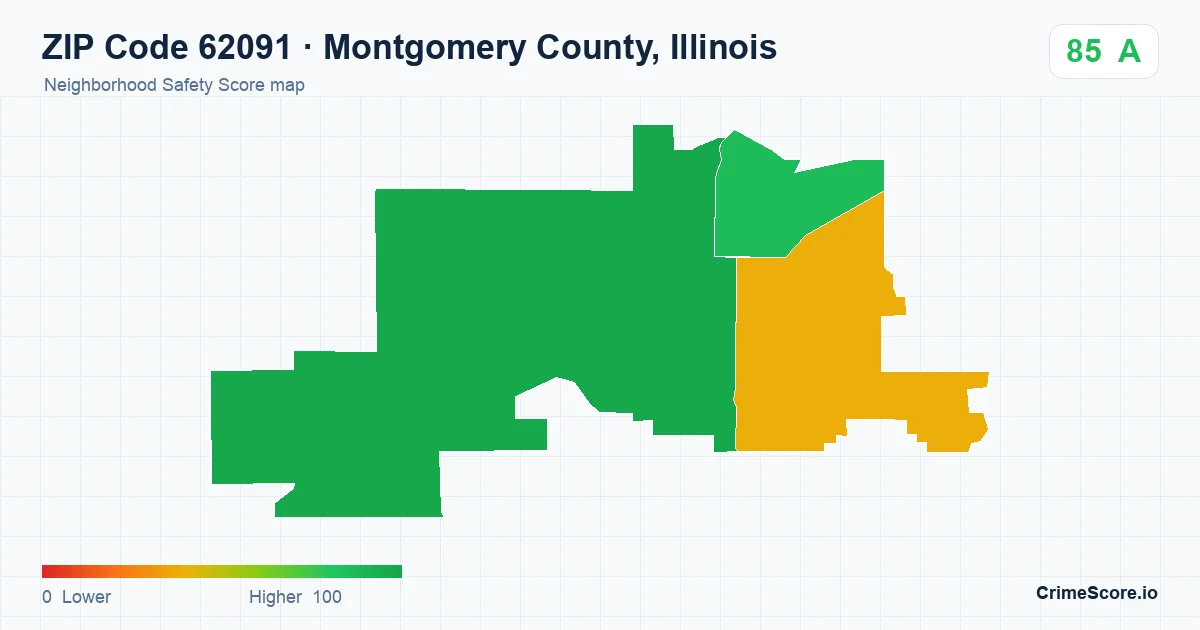 ZIP Code 62091 in Montgomery County, Illinois neighborhood Safety Score map