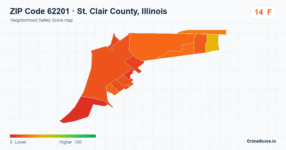 ZIP Code 62201 in St. Clair County, Illinois neighborhood Safety Score map