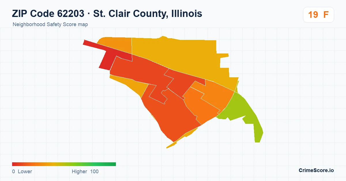 ZIP Code 62203 in St. Clair County, Illinois neighborhood Safety Score map