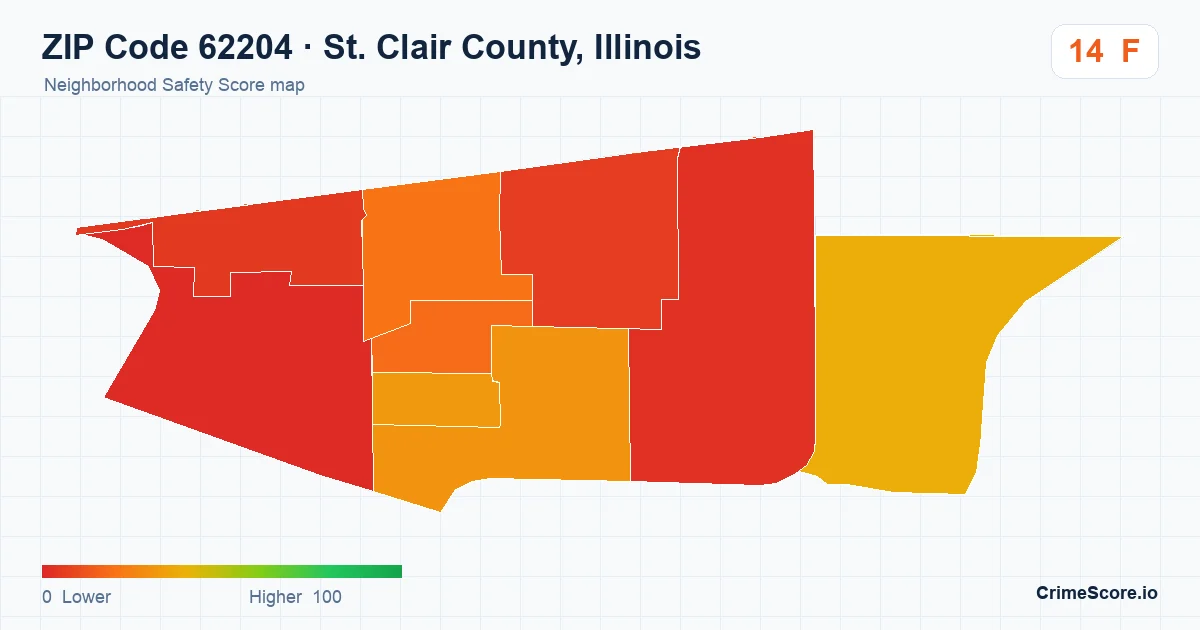 ZIP Code 62204 in St. Clair County, Illinois neighborhood Safety Score map
