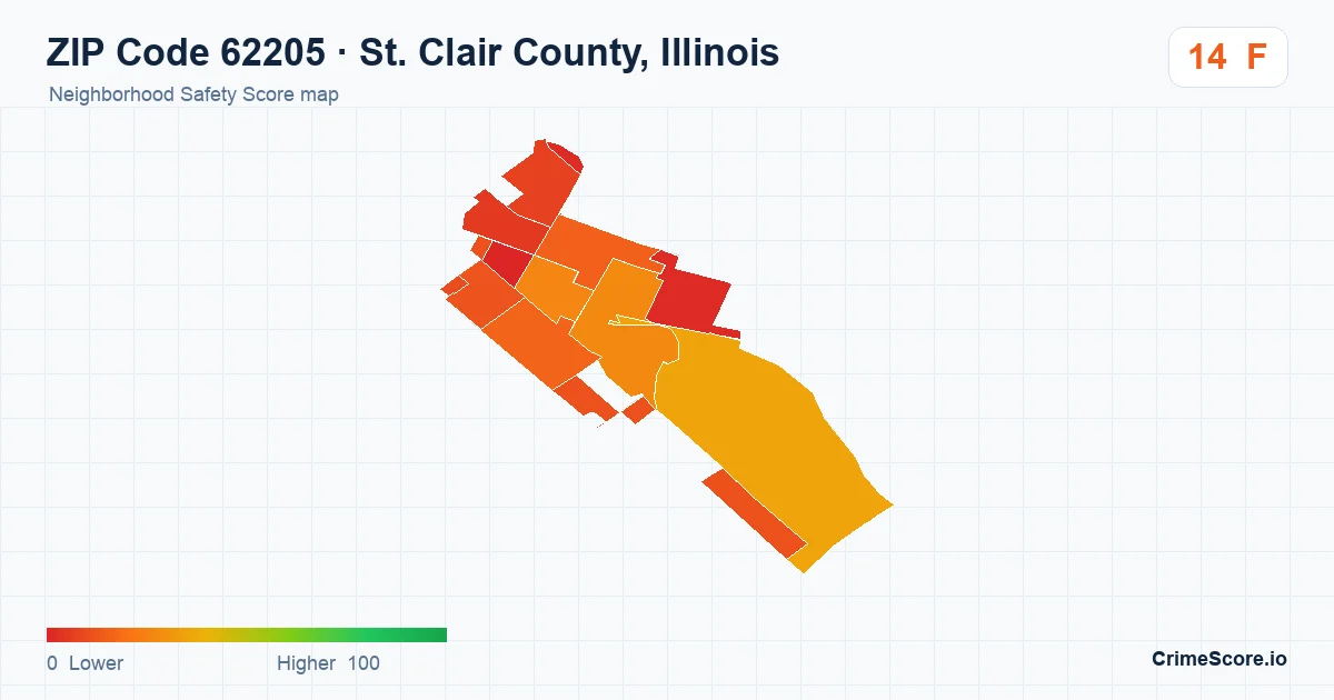ZIP Code 62205 in St. Clair County, Illinois neighborhood Safety Score map