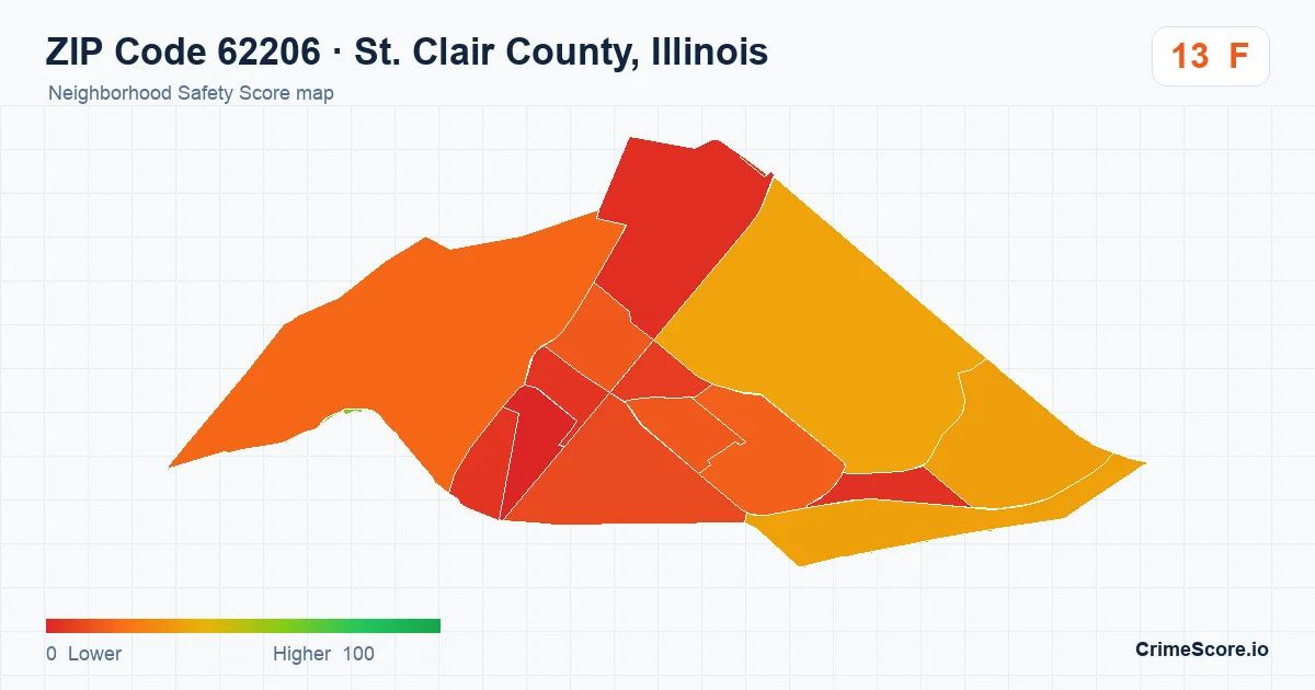 ZIP Code 62206 in St. Clair County, Illinois neighborhood Safety Score map
