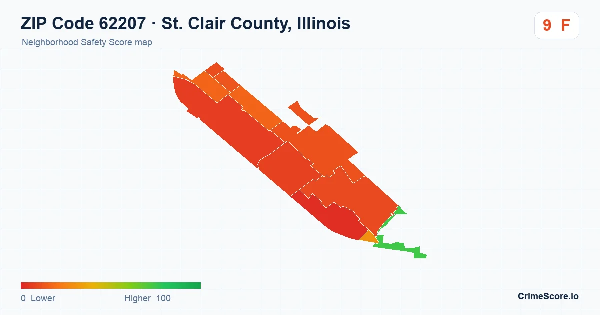 ZIP Code 62207 in St. Clair County, Illinois neighborhood Safety Score map