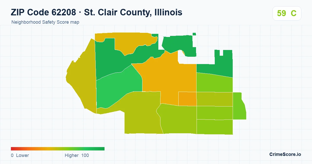 ZIP Code 62208 in St. Clair County, Illinois neighborhood Safety Score map