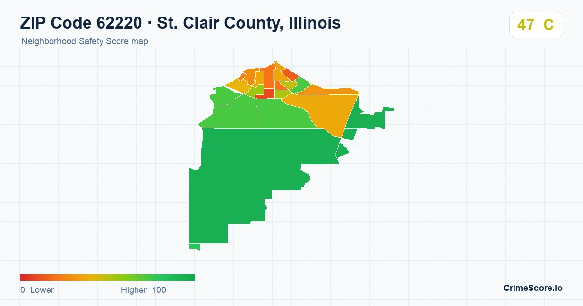 ZIP Code 62220 in St. Clair County, Illinois neighborhood Safety Score map