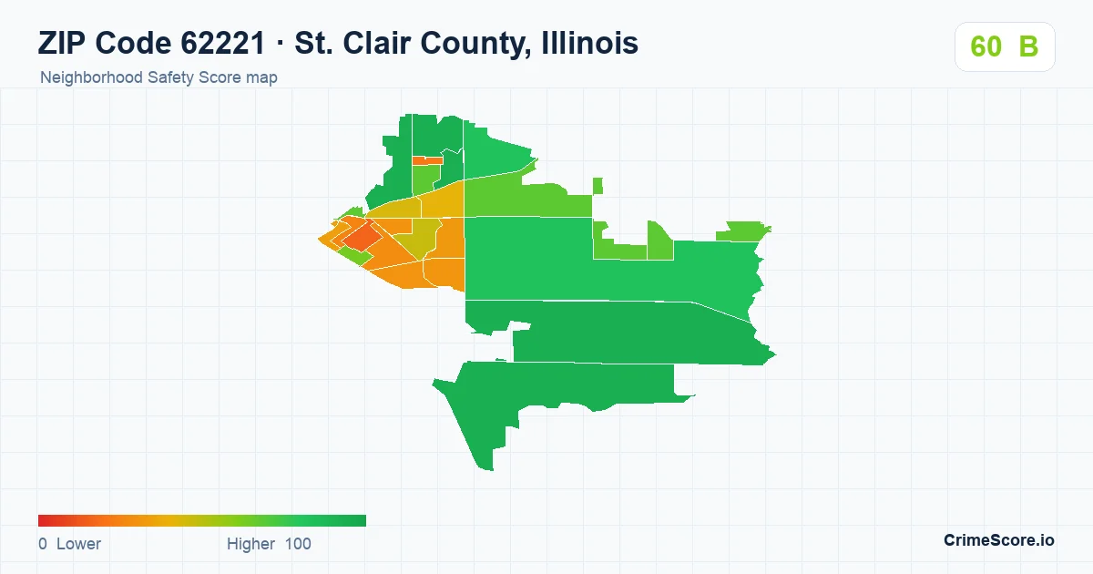 ZIP Code 62221 in St. Clair County, Illinois neighborhood Safety Score map