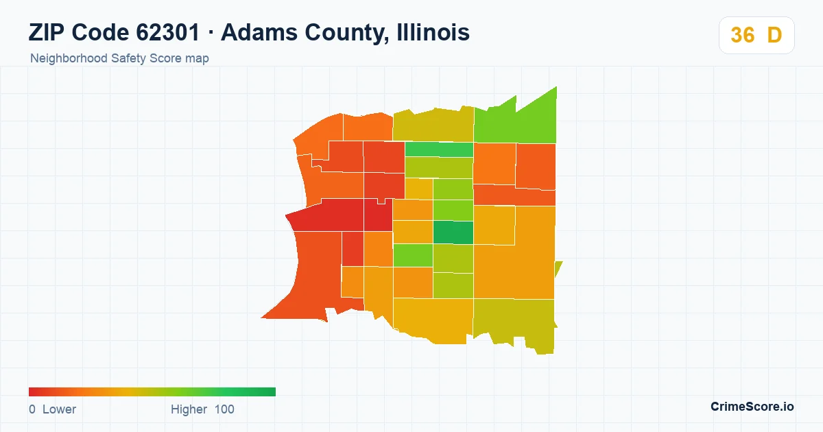 ZIP Code 62301 in Adams County, Illinois neighborhood Safety Score map