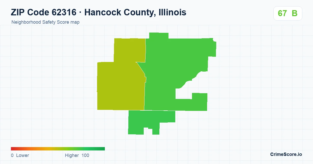 ZIP Code 62316 in Hancock County, Illinois neighborhood Safety Score map