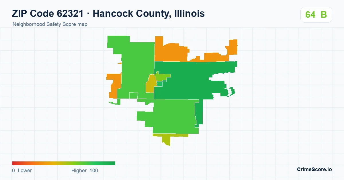 ZIP Code 62321 in Hancock County, Illinois neighborhood Safety Score map