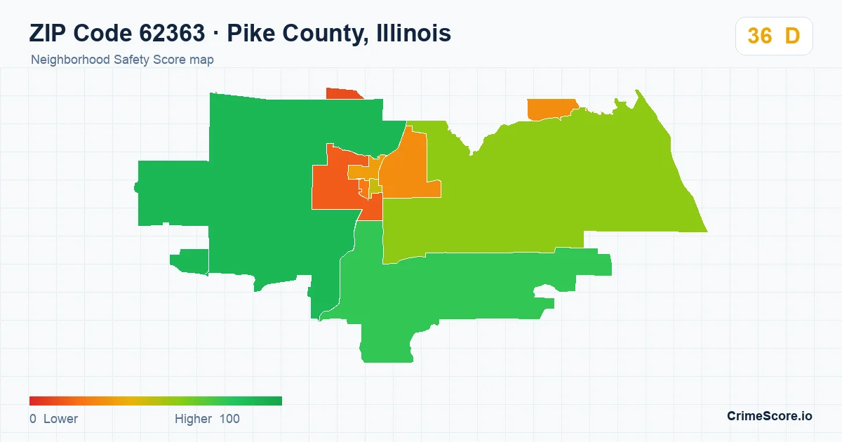ZIP Code 62363 in Pike County, Illinois neighborhood Safety Score map
