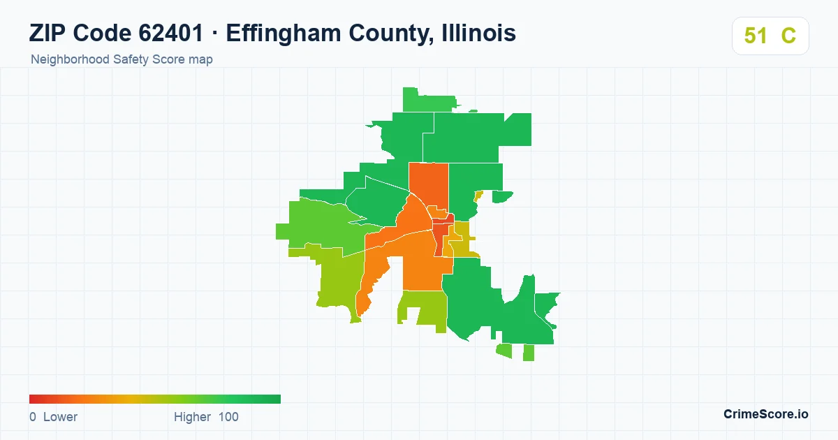 ZIP Code 62401 in Effingham County, Illinois neighborhood Safety Score map