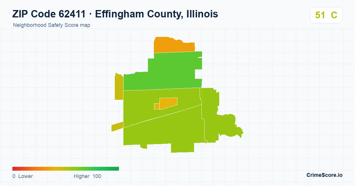 ZIP Code 62411 in Effingham County, Illinois neighborhood Safety Score map