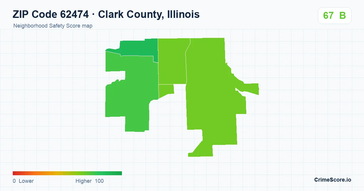 ZIP Code 62474 in Clark County, Illinois neighborhood Safety Score map