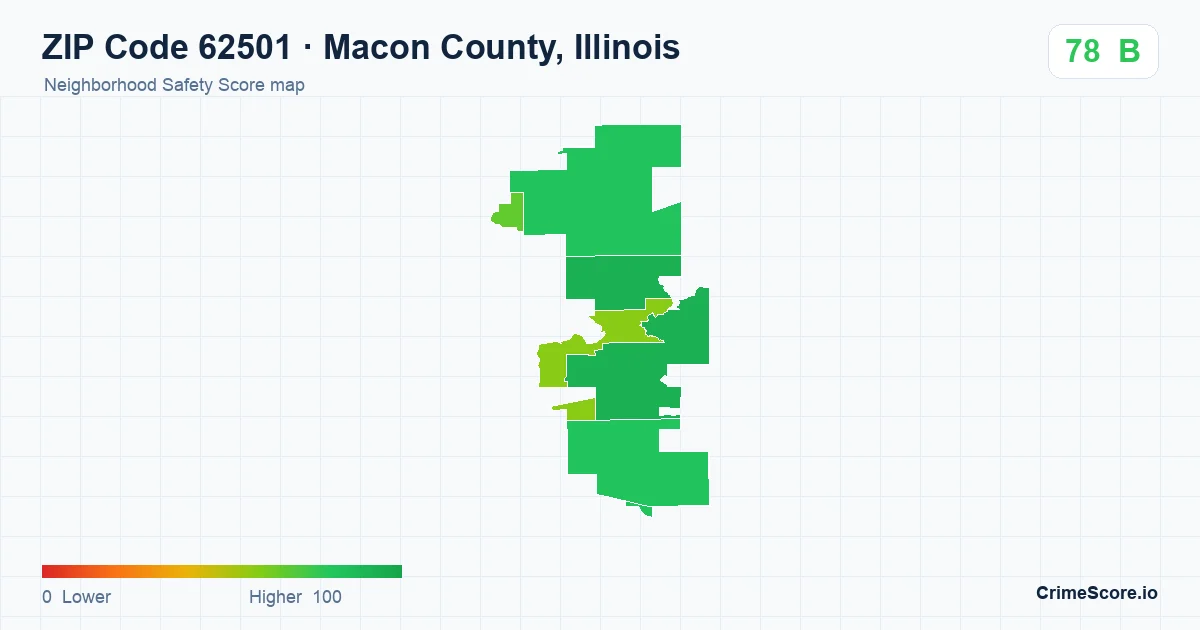 ZIP Code 62501 in Macon County, Illinois neighborhood Safety Score map