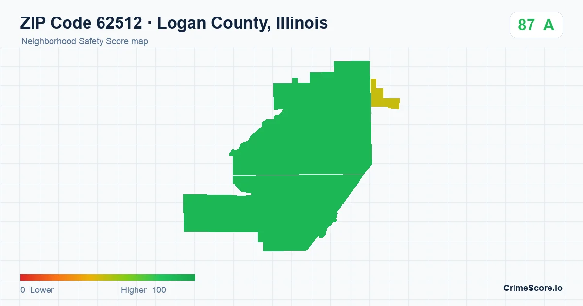 ZIP Code 62512 in Logan County, Illinois neighborhood Safety Score map