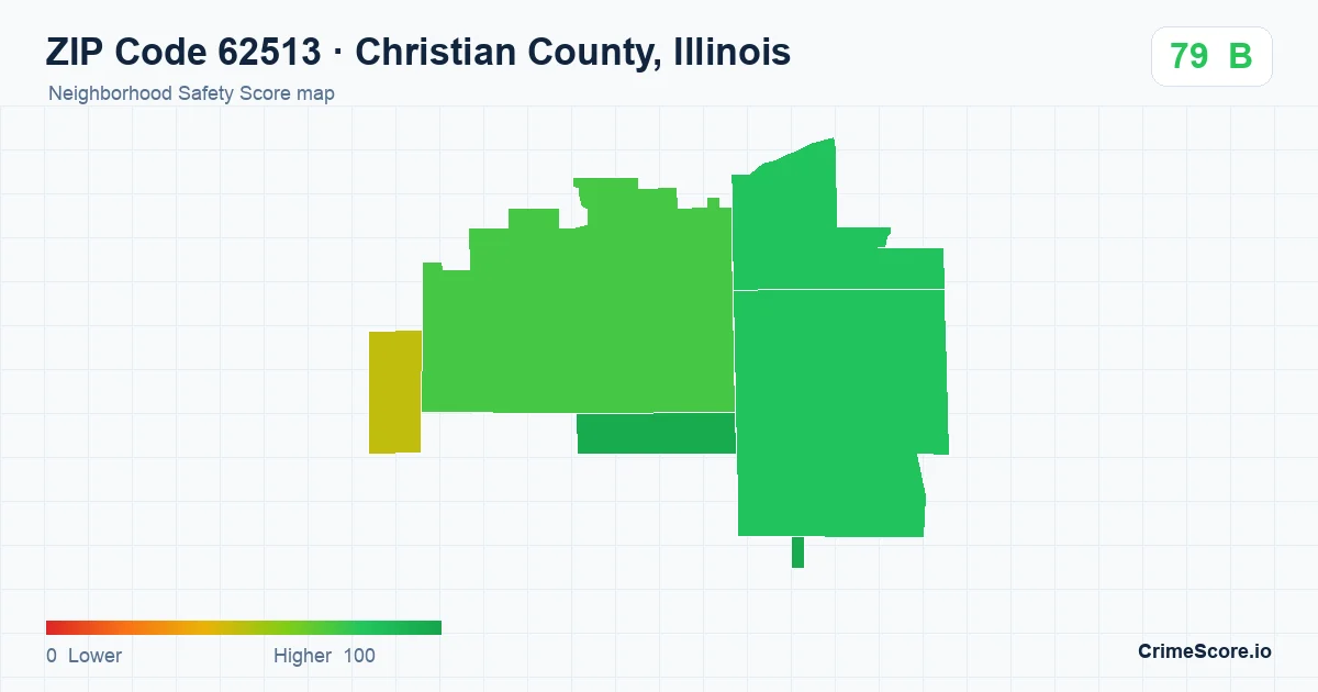 ZIP Code 62513 in Christian County, Illinois neighborhood Safety Score map