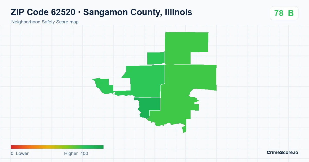 ZIP Code 62520 in Sangamon County, Illinois neighborhood Safety Score map