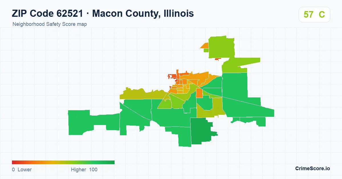 ZIP Code 62521 in Macon County, Illinois neighborhood Safety Score map