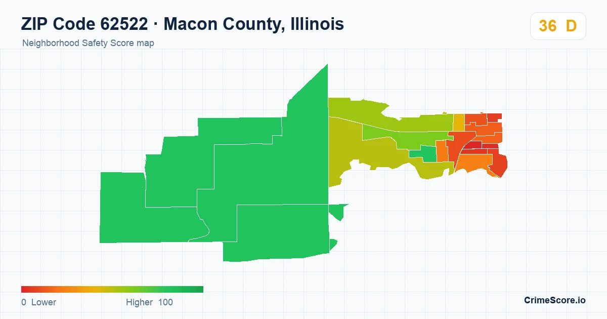 ZIP Code 62522 in Macon County, Illinois neighborhood Safety Score map