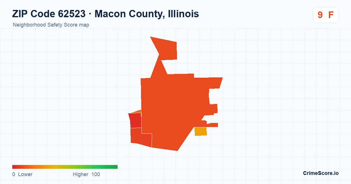 ZIP Code 62523 in Macon County, Illinois neighborhood Safety Score map