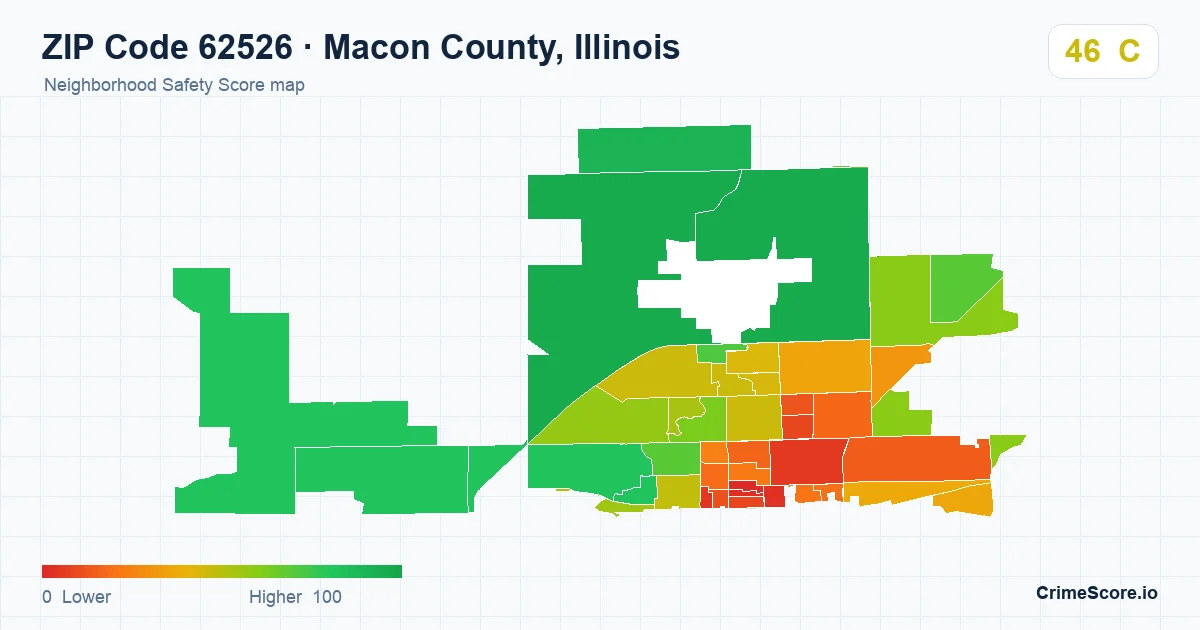 ZIP Code 62526 in Macon County, Illinois neighborhood Safety Score map