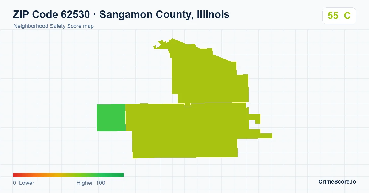 ZIP Code 62530 in Sangamon County, Illinois neighborhood Safety Score map