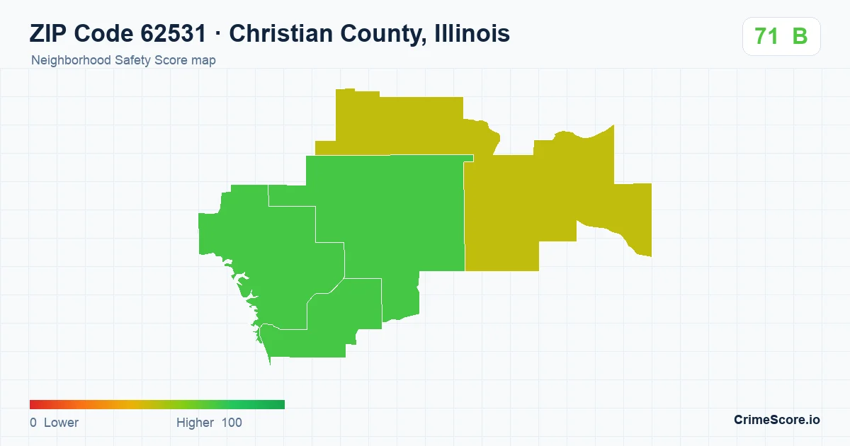 ZIP Code 62531 in Christian County, Illinois neighborhood Safety Score map