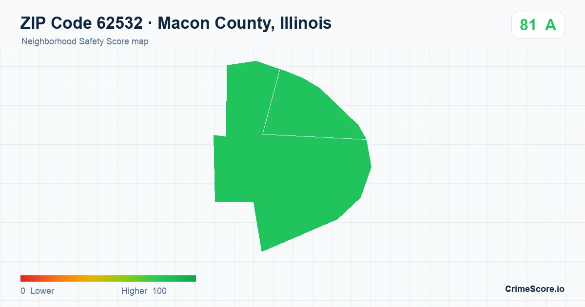 ZIP Code 62532 in Macon County, Illinois neighborhood Safety Score map