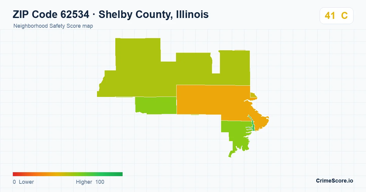 ZIP Code 62534 in Shelby County, Illinois neighborhood Safety Score map