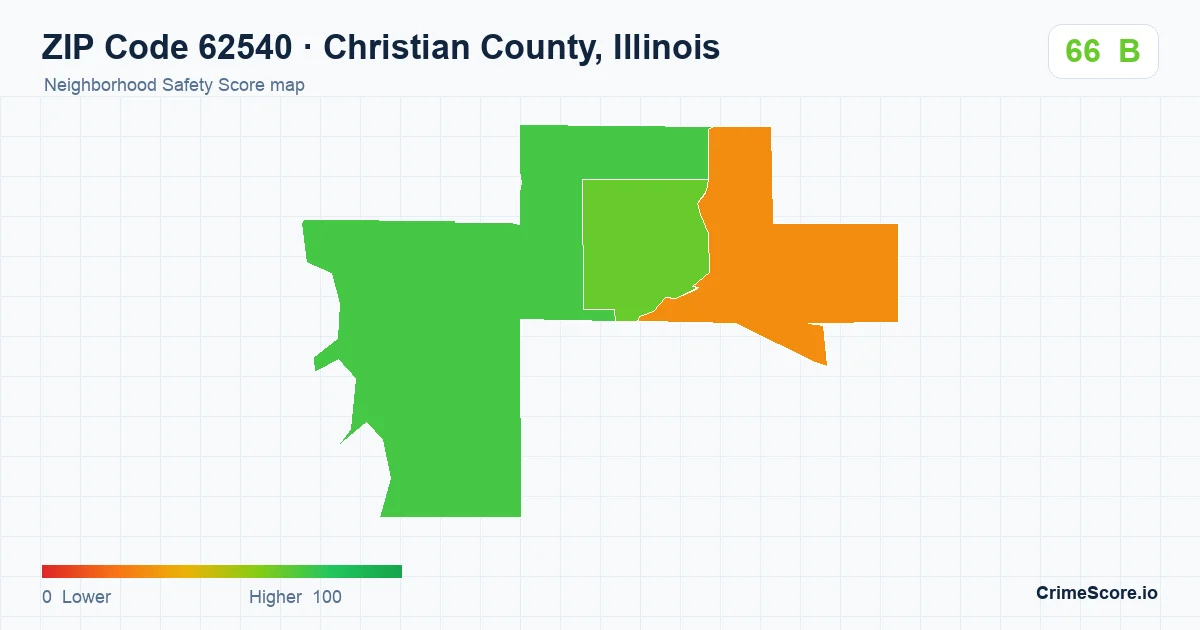 ZIP Code 62540 in Christian County, Illinois neighborhood Safety Score map