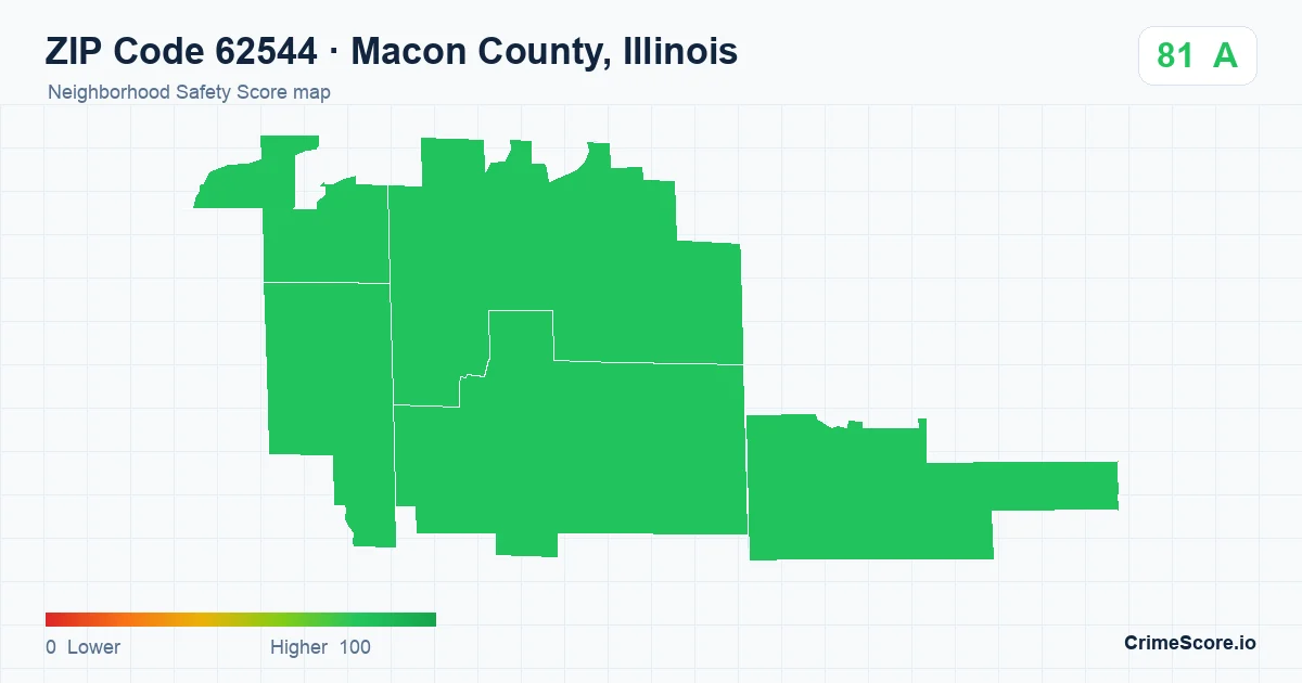 ZIP Code 62544 in Macon County, Illinois neighborhood Safety Score map