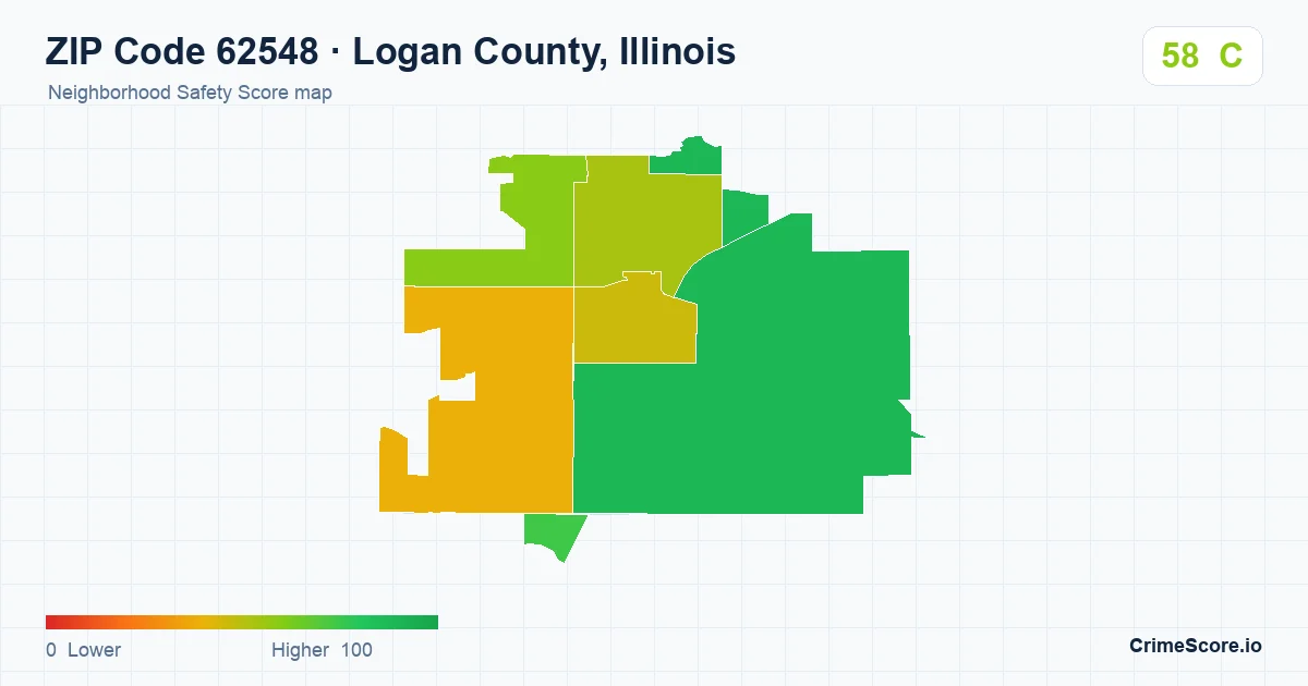 ZIP Code 62548 in Logan County, Illinois neighborhood Safety Score map
