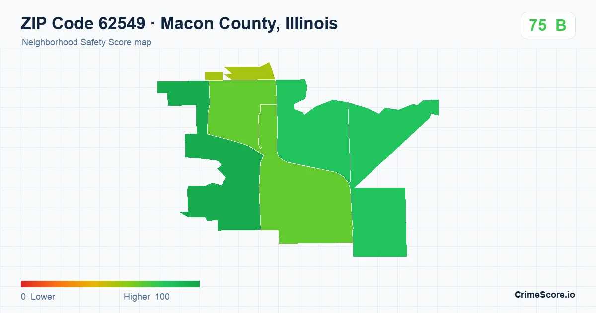 ZIP Code 62549 in Macon County, Illinois neighborhood Safety Score map
