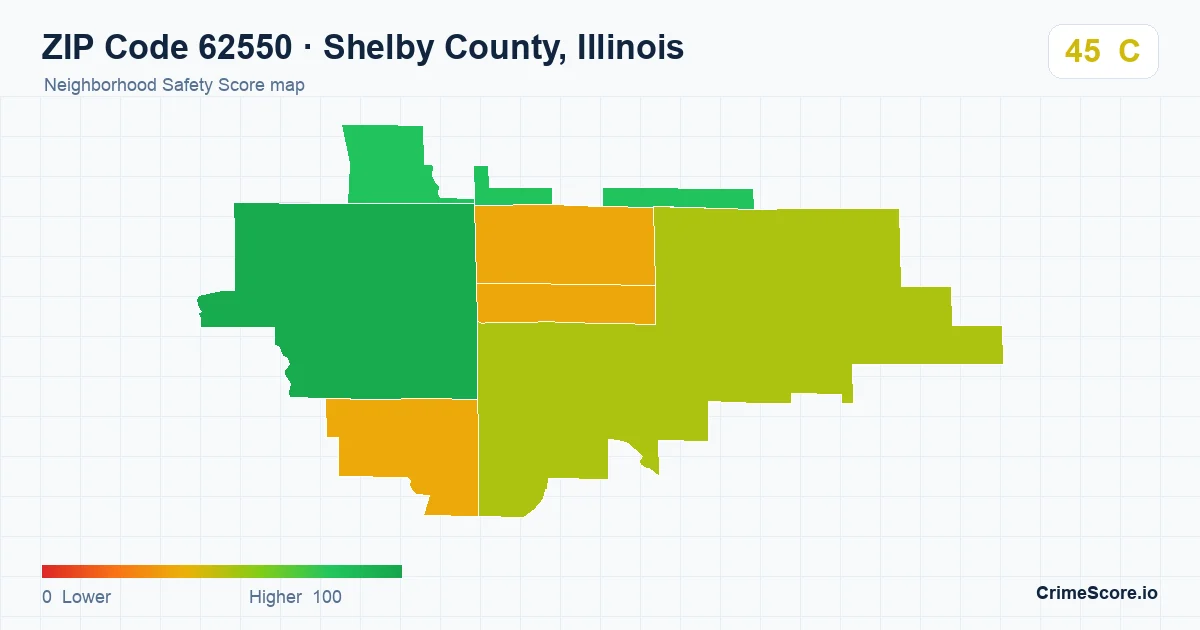 ZIP Code 62550 in Shelby County, Illinois neighborhood Safety Score map