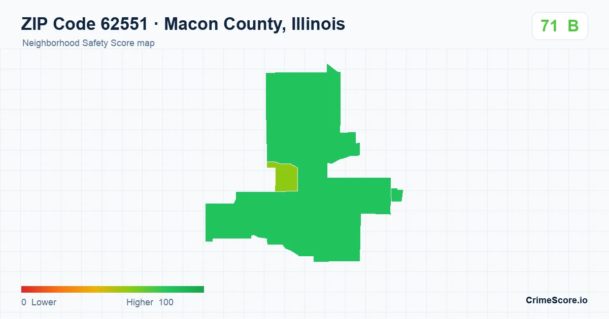 ZIP Code 62551 in Macon County, Illinois neighborhood Safety Score map