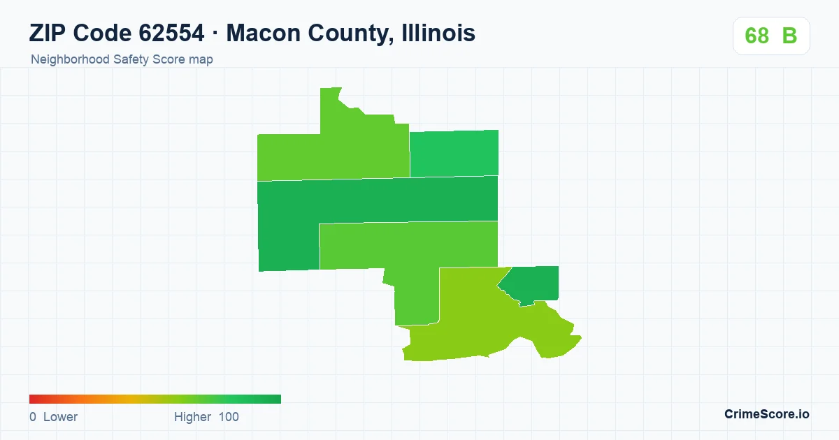 ZIP Code 62554 in Macon County, Illinois neighborhood Safety Score map