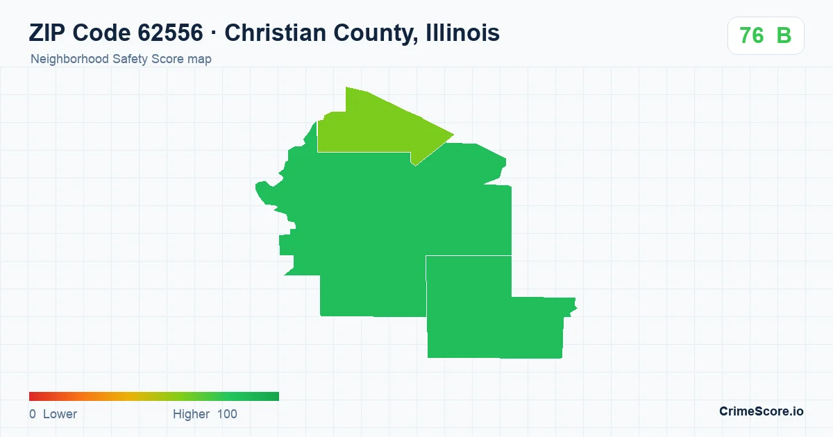 ZIP Code 62556 in Christian County, Illinois neighborhood Safety Score map