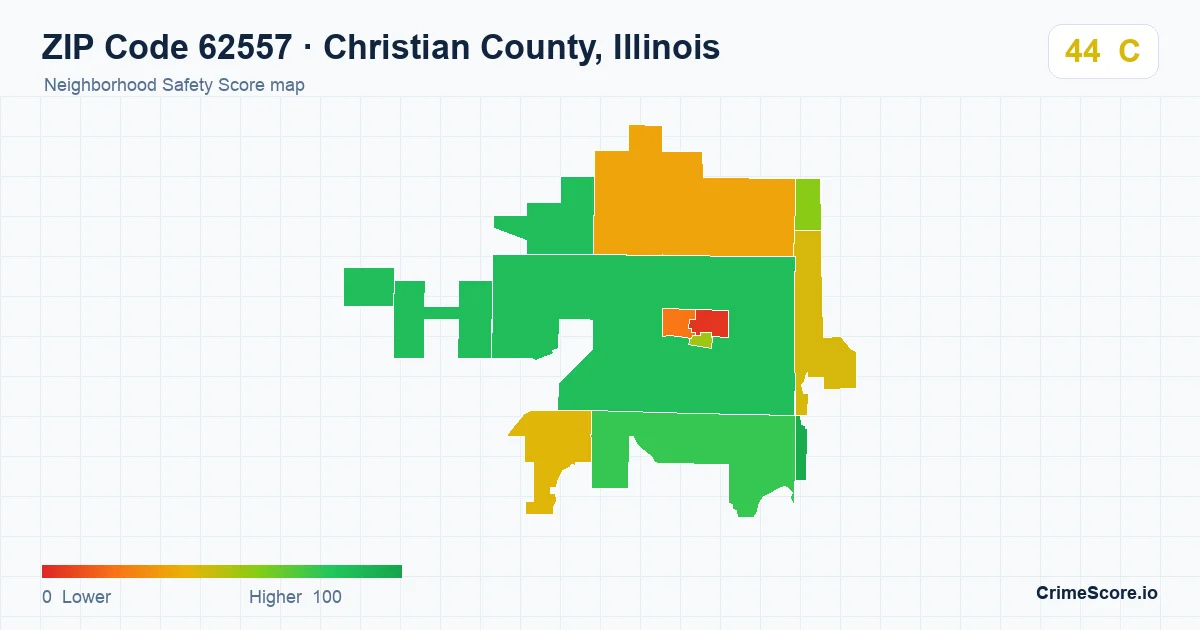 ZIP Code 62557 in Christian County, Illinois neighborhood Safety Score map