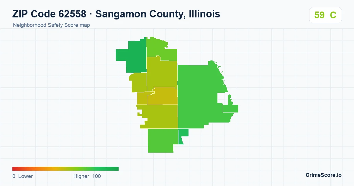 ZIP Code 62558 in Sangamon County, Illinois neighborhood Safety Score map