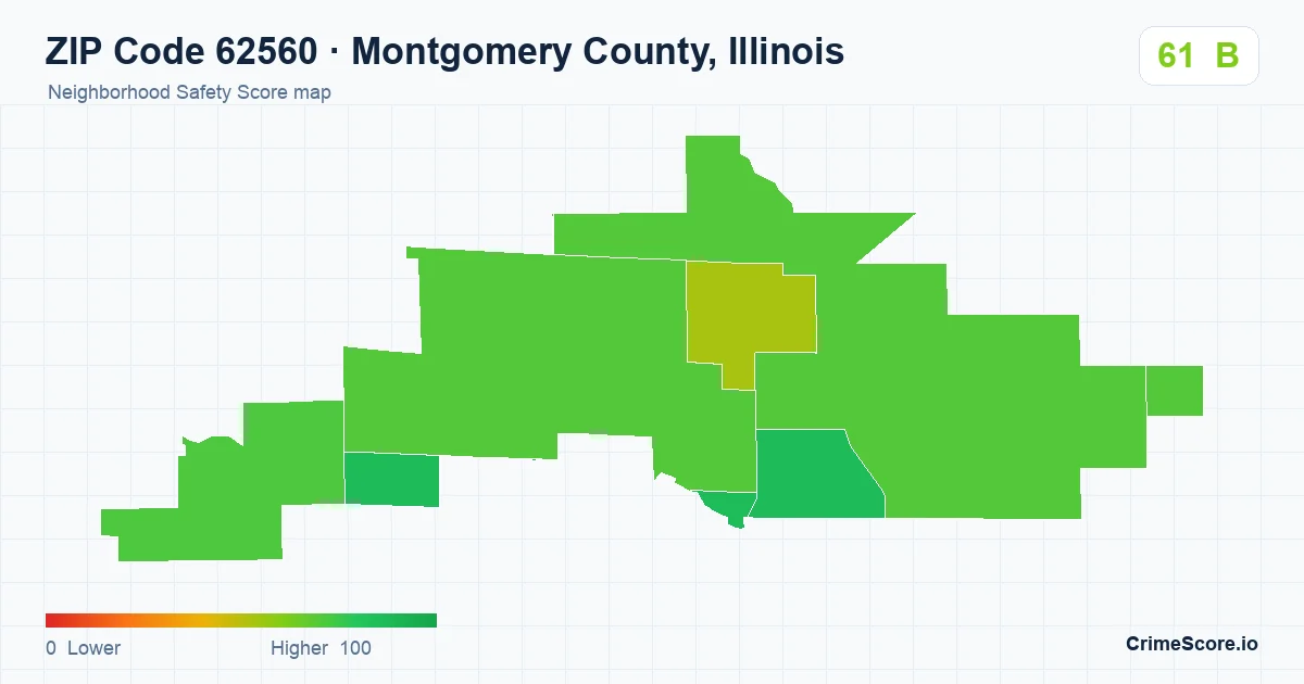 ZIP Code 62560 in Montgomery County, Illinois neighborhood Safety Score map